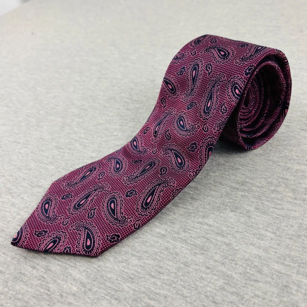 Brooks Brothers Mens Silk Paisley Tie Burgundy Pink Navy Blue Woven in Italy USA